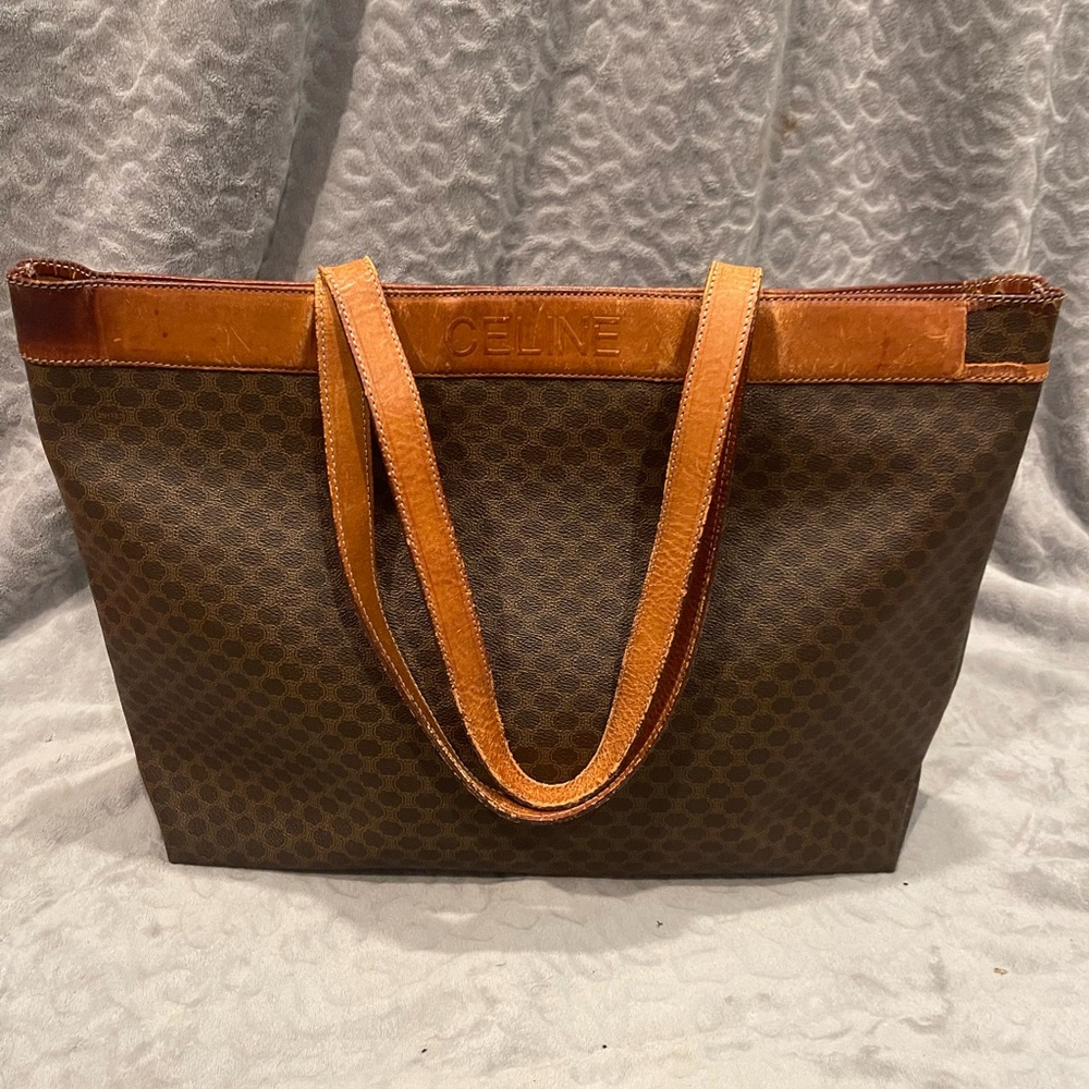 Celine Brown Monogram Canvas Shoulder Bag with Tan Leather Trim